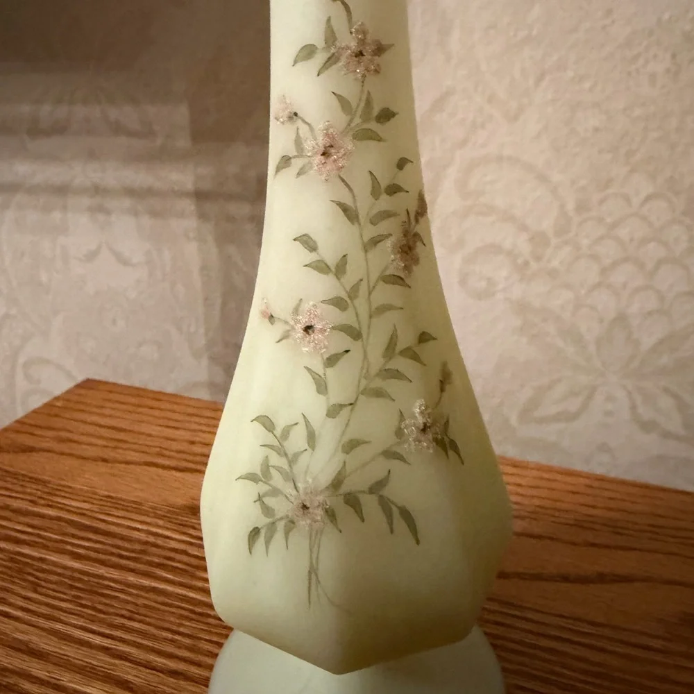 Vintage Fenton custard uranium pink flowers vase 11.5” Hand painted signed
